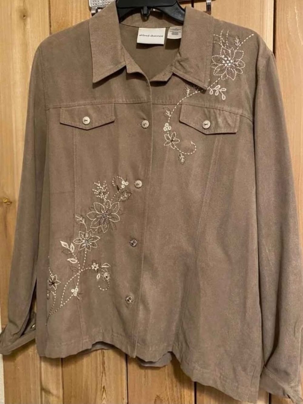 Alfred Dunner Taupe Floral Embroidered Faux Suede Jacket